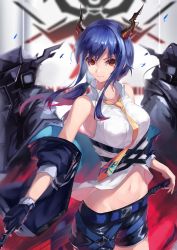 Rule 34 | 1girl, absurdres, arknights, bare shoulders, belt, black gloves, black shorts, blue belt, blue hair, blue jacket, breasts, ch&#039;en (arknights), commentary, cowboy shot, dragon horns, gloves, groin, highres, horns, jacket, long hair, looking at viewer, medium breasts, midriff, mikiton, navel, off shoulder, open clothes, open jacket, red eyes, shirt, shorts, sidelocks, sleeveless, sleeveless shirt, standing, stomach, v-shaped eyebrows, white shirt