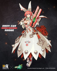Rule 34 | 1girl, animal ears, blue eyes, breasts, character name, cleavage, closed mouth, crossover, dress, elphelt valentine, embers, flower, full body, girls&#039; frontline, guest character, guilty gear, guilty gear xrd, gun, hairband, hand on own chest, hands up, highres, holding, holding gun, holding weapon, large breasts, looking at viewer, ms. travailler, official alternate costume, official art, pink hair, red flower, red rose, rose, short hair, shotgun, smile, solo, spiked hairband, spikes, standing, swept bangs, weapon, wedding dress, white dress, zagala