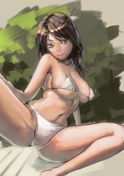 Rule 34 | 1girl, aro (charged time out), bad id, bad pixiv id, bikini, breasts, brown eyes, brown hair, cleavage, large breasts, long hair, looking at viewer, naughty face, navel, original, shiny skin, sitting, smile, solo, spread legs, squatting, swimsuit, underboob, white bikini