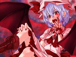 Rule 34 | 1girl, benizuwai, blood, blood on face, blood splatter, boots, commentary request, dress, hair between eyes, hand on own knee, hat, highres, licking, licking hand, light purple hair, looking at viewer, mob cap, open mouth, pink dress, red background, red eyes, remilia scarlet, short hair, sitting, slit pupils, solo, touhou, vampire