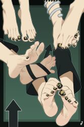Rule 34 | 1girl, absurdres, armlet, artist logo, barefoot, between toes, black border, black nails, black pants, border, commentary, dorsiflexion, english commentary, feet, feet only, fingers between toes, foot focus, green background, hand on own foot, highres, medusa gorgon, mohoshadream, multiple views, nail polish, out of frame, pants, shadow, soles, soul eater, spread toes, toe scrunch, toenail polish, toenails, toes