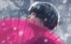 Rule 34 | 1girl, black hair, blunt bangs, blurry, bob cut, copyright name, depth of field, eyelashes, from side, ghostblade, logo, looking up, motion blur, oil-paper umbrella, original, outdoors, parted lips, pink lips, portrait, profile, realistic, red eyes, see-through silhouette, short hair, snow, snow on head, snowing, solo, tears, transparent, umbrella, wlop