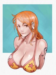Rule 34 | 1girl, absurdres, bare shoulders, bikini, bikini top only, blue background, breasts, brown eyes, cleavage, collarbone, earrings, female focus, highres, jewelry, joy boy, large breasts, long hair, looking at viewer, nami (one piece), one piece, orange hair, smile, solo, star (symbol), star print, swimsuit, tattoo, upper body, white background