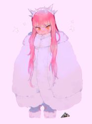 Rule 34 | coat, fate/grand order, fate (series), full body, heart, highres, kyo (kyokuto016), long hair, looking at viewer, medb (fate), medb (first ascension) (fate), orange eyes, pink background, pink hair, pink theme, simple background, smile, standing, tiara, white coat