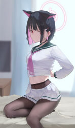 Rule 34 | 1girl, 20cnanmin, absurdres, animal ears, black choker, black hair, black pantyhose, blue archive, cat ears, choker, closed mouth, colored inner hair, extra ears, foot out of frame, green sailor collar, hair ornament, hairclip, halo, highres, kazusa (blue archive), long sleeves, looking at viewer, multicolored hair, pantyhose, pink hair, pink halo, pleated skirt, red eyes, sailor collar, short hair, skirt, solo, white skirt
