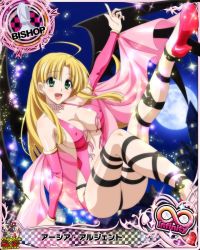 Rule 34 | 10s, 1girl, artist request, asia argento, bishop (chess), blonde hair, breasts, card (medium), character name, chess piece, cleavage, demon wings, dress, green eyes, high school dxd, high school dxd infinity, jewelry, long hair, moon, official art, pink dress, sideboob, solo, trading card, underwear, wings