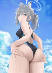 Rule 34 | 1girl, absurdres, animal ear fluff, animal ears, ass, back, bare shoulders, blue archive, blue eyes, blue one-piece swimsuit, blue sky, breasts, commentary request, cross hair ornament, extra ears, grey hair, hair ornament, halo, highleg, highleg swimsuit, highres, looking at viewer, looking back, medium breasts, medium hair, multicolored clothes, multicolored swimsuit, one-piece swimsuit, quatthro, shiroko (blue archive), shiroko (swimsuit) (blue archive), short ponytail, sidelocks, sky, solo, swimsuit, thighs, wolf ears