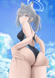 1girl absurdres animal_ear_fluff animal_ears ass back bare_shoulders blue_archive blue_eyes blue_one-piece_swimsuit blue_sky breasts commentary_request cross_hair_ornament extra_ears grey_hair hair_ornament halo highleg highleg_one-piece_swimsuit highres looking_at_viewer looking_back medium_breasts medium_hair multicolored_clothes multicolored_swimsuit one-piece_swimsuit quatthro shiroko_(blue_archive) shiroko_(swimsuit)_(blue_archive) short_ponytail sidelocks sky solo swimsuit thighs wolf_ears