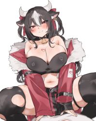Rule 34 | 1boy, 1girl, absurdres, animal ears, bell, belt, black belt, black hair, black skirt, black thighhighs, breasts, cleavage, closed mouth, colored skin, commentary request, copyright request, cow ears, cow horns, cowbell, ear tag, funyo (masa), fur-trimmed jacket, fur trim, girl on top, hair between eyes, hair ribbon, heart, hetero, highres, horns, huge breasts, jacket, long hair, long sleeves, looking at viewer, midriff, miniskirt, multicolored hair, multicolored skin, navel, neck bell, off shoulder, open clothes, open jacket, pov, red eyes, red jacket, red ribbon, red skirt, ribbon, shiny skin, simple background, skirt, sleeves past wrists, smile, solo focus, spread legs, thigh strap, thighhighs, torn clothes, torn thighhighs, two-tone hair, two-tone skin, two side up, white background, white hair