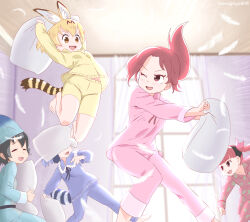 Rule 34 | 5girls, animal ears, arms up, barefoot, black hair, blonde hair, blunt bangs, blurry, blurry background, cat ears, cat girl, cat tail, closed eyes, commentary, common raccoon (kemono friends), cosplay, creator connection, crossover, curtains, emphasis lines, facing another, feathers, furrowed brow, highres, holding, holding pillow, in the face, indoors, jumping, kaban (kemono friends), kemono friends, kemurikusa, long hair, long sleeves, looking at another, lucky beast (kemono friends), lucky beast (kemono friends) (cosplay), multiple girls, one eye closed, open mouth, pajamas, pillow, pillow fight, raccoon tail, red eyes, red hair, rin (kemurikusa), rina (kemurikusa), serval (kemono friends), sleepwear, smile, tail, tamagoya, throwing, v-shaped eyebrows, window, yellow eyes