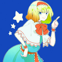 Rule 34 | 1girl, alice margatroid, artist name, bad id, bad pixiv id, blonde hair, blue background, blue dress, blue eyes, bow, capelet, dress, hairband, looking at viewer, pointing, pointing up, ribbon, sash, short hair, simple background, smirk, solo, star (symbol), striped, tamazusa mizume, touhou, wrist cuffs