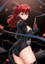 Rule 34 | 1girl, absurdres, artist name, ass, back, black jacket, black leotard, black ribbon, black thighhighs, blush, breasts, closed mouth, commentary, flower, frilled sleeves, frills, gloves, hair ribbon, highleg, highleg leotard, highres, holding, holding sword, holding weapon, jacket, large breasts, leotard, leotard under clothes, long hair, long sleeves, looking at viewer, open clothes, open jacket, parted lips, persona, persona 5, persona 5 the royal, petals, ponytail, red eyes, red gloves, red hair, red lips, ribbon, rose, rose petals, ryuuneart, smile, solo, sword, thighhighs, weapon, yoshizawa kasumi
