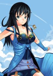 Rule 34 | 1990s (style), 1girl, bare shoulders, black hair, blue eyes, breasts, cao-cao, cloud, detached sleeves, female focus, final fantasy, final fantasy viii, jewelry, long hair, miniskirt, necklace, outdoors, ring, rinoa heartilly, skirt, sky, solo, sousouden, zipper