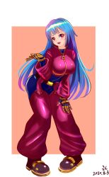 Rule 34 | 1girl, absurdres, baggy pants, belt, blue eyes, bodysuit, breasts, dated, full body, gloves, highres, kula diamond, long hair, looking at viewer, medium breasts, pants, purple eyes, simple background, smile, solo, standing, the king of fighters, white background, zipper