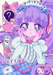Rule 34 | 1girl, :o, ?, absurdres, blue bow, blunt bangs, blush, bow, cardiogram, cellphone, center frills, dress, envelope, flip phone, frilled dress, frills, hair bow, hands on own cheeks, hands on own face, hands up, heart, highres, lolita fashion, long hair, long sleeves, looking at viewer, maid headdress, manaka non, milon cas, open mouth, phone, pixel art, plaid, plaid dress, polka dot, polka dot background, pretty series, pripara, purple eyes, purple hair, rabbit, retro artstyle, side ponytail, solo, sparkle, very long hair