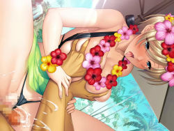 Rule 34 | 1boy, 1girl, aikawa arisa, bikini, blue eyes, blush, grabbing another&#039;s breast, breasts, cum, flower, flower armlet, flower necklace, flower on head, grabbing, jewelry, laetitia bellmer, large breasts, necklace, pussy juice, short hair, swimsuit, taimanin (series), taimanin rpgx, tongue, tongue out, vaginal