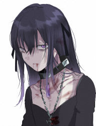 Rule 34 | 1boy, bishounen, black collar, black hair, black ribbon, blood, blood from mouth, blood on clothes, blood on face, chain, chain necklace, collar, collarbone, commentary request, emaciated, gradient hair, hair between eyes, hair ribbon, highres, injury, jewelry, kayanogura, long hair, looking at viewer, male focus, multicolored hair, necklace, original, purple eyes, purple hair, ribbon, sanpaku, shirt, simple background, skinny, solo, upper body, white background