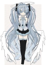 Rule 34 | 1girl, absurdres, ahoge, angel, angel wings, arm tattoo, arms behind back, bare shoulders, black footwear, black skirt, black sleeves, black thighhighs, blue eyes, blue hair, blue necktie, boots, border, breasts, closed mouth, collared shirt, detached sleeves, feathered wings, full body, grey background, grey shirt, hair ornament, halo, hatsune miku, highres, legs together, light blue hair, long hair, looking at viewer, miniskirt, necktie, number tattoo, outside border, pleated skirt, shiro kuro (shirokuro 3939), shirt, skirt, sleeveless, sleeveless shirt, small breasts, smile, solo, standing, straight-on, tattoo, thigh boots, thigh gap, thighhighs, tie clip, twintails, very long hair, vocaloid, white border, white wings, wings, zettai ryouiki