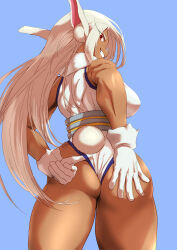 Rule 34 | 1girl, absurdres, adjusting clothes, adjusting leotard, animal ears, ass, back, bare shoulders, blue background, boku no hero academia, breasts, clothing cutout, damos (child flame), dark-skinned female, dark skin, from behind, fur collar, gloves, grin, hand on own ass, highleg, highleg leotard, highres, large breasts, leotard, long eyelashes, long hair, looking at viewer, looking back, mirko, muscular, muscular female, parted bangs, rabbit ears, rabbit girl, rabbit tail, red eyes, sleeveless turtleneck leotard, smile, solo, tail, tail through clothes, thighs, wedgie, white gloves, white hair, white leotard