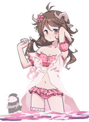 Rule 34 | 1girl, animal, animal ears, antenna hair, arknights, arm up, bare shoulders, bikini, blush, breasts, brown eyes, brown hair, cleavage, collarbone, commentary, eyjafjalla (arknights), eyjafjalla (summer flower) (arknights), flower, frilled bikini, frills, hair flower, hair ornament, highres, horns, looking at viewer, navel, official alternate costume, pink bikini, plaid, plaid bikini, playing with own hair, seal 007, sheep ears, sheep girl, sheep horns, simple background, small breasts, solo, stomach, swimsuit, symbol-only commentary, thigh strap, wading, wet, wet hair, white background