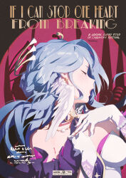 Rule 34 | 1girl, absurdres, armpit crease, bare shoulders, blue hair, blush, bracelet, breasts, closed mouth, cover, darah, dress, earrings, english text, facial mark, fake magazine cover, feathered wings, gloves, halo, hands up, head wings, highres, honkai: star rail, honkai (series), jewelry, long hair, magazine cover, music, open mouth, pearl bracelet, red curtains, robin (honkai: star rail), sidelocks, singing, sleeveless, sleeveless dress, solo, spotlight, white dress, white gloves, wings