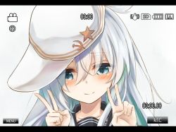 Rule 34 | 10s, 1girl, azuuru (azure0608), bad id, bad twitter id, blue eyes, blush, double v, hammer and sickle, hat, hibiki (kancolle), kantai collection, long hair, recording, silver hair, smile, solo, star (symbol), upper body, v, verniy (kancolle)