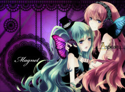 Rule 34 | 2girls, aqua hair, bare shoulders, black dress, black gloves, blue eyes, butterfly wings, closed mouth, couple, dress, female focus, fingerless gloves, gloves, hair ornament, hat, hatsune miku, hazel (silver vine), headphones, hug, insect wings, long hair, looking at viewer, magnet (vocaloid), megurine luka, mini hat, mini top hat, multiple girls, open mouth, pink hair, silver vine, smile, top hat, very long hair, vocaloid, wavy hair, wings, yuri