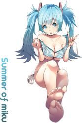 Rule 34 | 1girl, aqua eyes, aqua hair, bad feet, bad id, bad pixiv id, bare legs, barefoot, bikini, breasts, cleavage, clothing cutout, collarbone, english text, feet, feet together, full body, hatsune miku, heart, heart cutout, knees, large breasts, long hair, looking at viewer, open mouth, side-tie bikini bottom, sigetch, simple background, soles, solo, striped bikini, striped clothes, swimsuit, toes, topless, twintails, unworn bikini top, vertical-striped bikini, vertical-striped clothes, vocaloid, white background