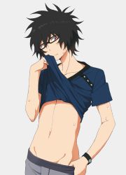 Rule 34 | 1boy, black hair, clothes lift, glasses, guranaada, looking at viewer, male focus, shirt lift, solo, tsuritama, undressing, usami natsuki