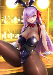 Rule 34 | 1girl, animal ears, bare shoulders, bb (fate), bb (fate/extra), black leotard, blush, breasts, brown pantyhose, chikage (blackclownery), cleavage, collarbone, detached collar, fake animal ears, fate/extra, fate/extra ccc, fate (series), hair ribbon, highleg, highleg leotard, highres, large breasts, leotard, long hair, looking at viewer, open mouth, pantyhose, playboy bunny, purple eyes, purple hair, rabbit ears, red ribbon, ribbon, sitting, smile, solo, thighs, very long hair, wrist cuffs
