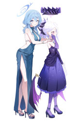 Rule 34 | 2girls, absurdres, ako (blue archive), ako (dress) (blue archive), backless dress, backless outfit, bare shoulders, blue archive, blue eyes, blue hair, breasts, demon horns, dress, elbow gloves, gloves, halo, high heels, highres, hina (blue archive), hina (dress) (blue archive), horns, large breasts, multiple girls, purple eyes, sideboob, small breasts, smile, soy chicken, white background, white hair
