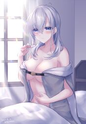Rule 34 | 1girl, ahoge, bed, blanket, blush, breasts, grey hair, highres, implied pregnancy, jewelry, kabocha torute, kantai collection, long hair, looking at viewer, medium breasts, nude, pregnancy test, ring, solo, suzutsuki (kancolle), wedding ring, window