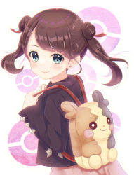 Rule 34 | 1girl, aged down, backpack, bag, blush, brown hair, brown jacket, closed mouth, commentary request, creatures (company), double bun, dress, earrings, eyelashes, from side, game freak, gen 8 pokemon, green eyes, hair bun, highres, holding strap, jacket, jewelry, long sleeves, marnie (pokemon), morpeko, morpeko (full), nintendo, pink dress, poke ball symbol, pokemon, pokemon swsh, risako (risarisawahuwahu), smile, themed object, twintails