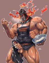 Rule 34 | 1boy, abs, apron, bara, chest hair, cowboy shot, cum, ejaculation, erection, fire, glowing, glowing eyes, helmet, highres, lander (randa), large pectorals, looking at viewer, male focus, muscular, naked apron, nipples, pectorals, penis, red eyes, topless male, solo, surtr (housamo), testicles, thick thighs, thighs, tokyo houkago summoners, upper body, veins