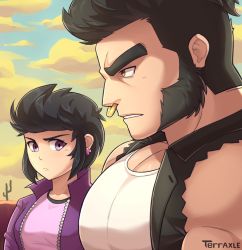 Rule 34 | 1boy, 1girl, bara, brawl stars, breast envy, bursting pectorals, character request, from side, large pectorals, long sideburns, looking at another, looking down, mature male, meme, muscular, muscular male, nose piercing, nose ring, pectoral cleavage, girl staring at guys chest (meme), pectoral focus, pectorals, piercing, short hair, sideburns, terraxle, thick eyebrows, upper body