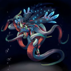 Rule 34 | 1girl, bioluminescence, blue eyes, blue skin, bubble, colored skin, female focus, fins, fish girl, full body, glowing, glowing eyes, kamukamu6392, monster girl, multicolored skin, open mouth, original, oversized forearms, oversized limbs, solo, swimming, tentacles, underwater