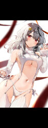 Rule 34 | 1girl, absurdres, bare shoulders, black hair, blush, braid, breasts, cleavage, detached sleeves, garter straps, gluteal fold, grey hair, hair between eyes, hair ornament, hairclip, hand up, heart, heart hair ornament, highres, hololive, kasumi komo, large breasts, long hair, looking at viewer, meme attire, multicolored hair, navel, panties, red eyes, ribbed legwear, ribbed panties, ribbed sleeves, ribbed sweater, ribbed thighhighs, sakamata chloe, side-tie panties, single braid, sleeveless, sleeveless sweater, sleeveless turtleneck, solo, stomach, streaked hair, sweater, thigh gap, thighs, turtleneck, turtleneck sweater, underwear, virgin destroyer sweater, virtual youtuber, white garter straps, white panties, white sweater, x hair ornament