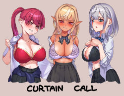 Rule 34 | &gt;:), 3girls, :o, absurdres, adjusting clothes, alternate costume, areola slip, arms behind back, bare shoulders, black bra, black skirt, blunt bangs, blush, bow, bow bra, bowtie, bra, breast suppress, breasts, chestnut mouth, cleavage, clothes around waist, collarbone, collared shirt, cropped torso, crossed bangs, curtain call challenge (meme), dark-skinned female, dark elf, dark skin, dress shirt, elf, from side, gold trim, green eyes, grey background, grin, hands up, head tilt, heterochromia, high-waist skirt, highres, holding, holding clothes, holding shirt, hololive, houshou marine, lace, lace-trimmed bra, lace trim, large breasts, long hair, long sleeves, looking at viewer, matching outfits, meme, miniskirt, multicolored hair, multiple girls, narrow waist, naughty face, navel, open clothes, open mouth, open shirt, orange eyes, otk, partially unbuttoned, pink bra, pleated skirt, pointy ears, ponytail, red bra, red eyes, red hair, school uniform, shiranui flare, shirogane noel, shirogane noel (school uniform), shirt, short sleeves, sidelocks, simple background, skirt, sleeves rolled up, smile, straight-on, strap gap, streaked hair, striped bow, striped bowtie, striped clothes, sweater, sweater around waist, swept bangs, take your pick, tsurime, unbuttoned, unbuttoned skirt, underwear, undressing, uniform, untucked shirt, unworn shirt, v-shaped eyebrows, virtual youtuber, white hair, white shirt, yellow eyes
