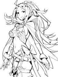 Rule 34 | 1girl, ahoge, blush, breasts, cape, circlet, fire emblem, fire emblem awakening, garter straps, ge-b, gloves, greyscale, long hair, looking at viewer, monochrome, navel, nintendo, nowi (fire emblem), aged up, open mouth, pointy ears, smile, solo, thighhighs, white background
