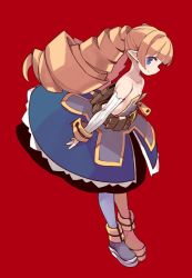 Rule 34 | 1girl, archer (disgaea), bare shoulders, blonde hair, blue dress, blue eyes, blush, boots, closed mouth, collarbone, commentary, detached sleeves, disgaea, dress, drill hair, flat chest, from side, full body, long hair, looking at viewer, mota, platform footwear, pointy ears, red background, simple background, smile, solo, twin drills, twintails, zipper pull tab