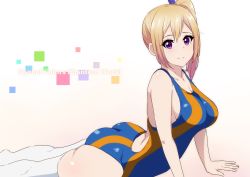 Rule 34 | 10s, 1girl, ass, bare shoulders, blonde hair, blush, breasts, cleavage, hair ribbon, happy, huge ass, image sample, kawakami mai, large breasts, long hair, looking at viewer, lying, mole, mole under eye, musaigen no phantom world, pixiv sample, purple eyes, ribbon, side ponytail, simple background, smile, solo, swimsuit, thighhighs, tonotyama