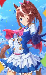 Rule 34 | 1girl, absurdres, animal ears, blue eyes, blue gloves, breasts, brown hair, confetti, epaulettes, gloves, hair ribbon, high ponytail, highres, horse ears, horse girl, horse tail, long hair, looking at viewer, multicolored hair, neckerchief, nonoa-cg, one eye closed, outdoors, pink neckerchief, pink ribbon, ribbon, sky, small breasts, smile, solo, standing, streaked hair, tail, tokai teio (umamusume), two-tone hair, umamusume, uniform, very long hair, w, white hair