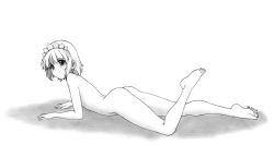 Rule 34 | 1girl, arm support, ass, barefoot, completely nude, full body, graphite (medium), greyscale, harumachi nagaaki, looking at viewer, lying, maid headdress, monochrome, nude, original, short hair, simple background, smile, solo, traditional media, white background