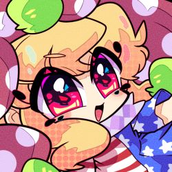 Rule 34 | 1girl, american flag, blonde hair, close-up, clownpiece, harunori (hrnrx), hat, jester cap, neck ruff, open mouth, polka dot, red eyes, shirt, solo, star (symbol), striped clothes, striped shirt, touhou, unmoving pattern