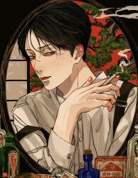 Rule 34 | 1boy, black hair, bottle, buttoned cuffs, buttons, cigarette, closed mouth, collared shirt, commentary, fingernails, half-closed eyes, hand up, highres, holding, holding cigarette, kagoya1219, long sleeves, looking at viewer, male focus, mirror, original, perfume bottle, shirt, short hair, shouji, sliding doors, smoke, smoking, solo, suspenders, suspenders slip, very short hair, white shirt
