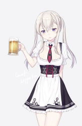Rule 34 | 10s, 1girl, :o, alcohol, apron, bad id, bad pixiv id, bare legs, beer, beer mug, blonde hair, breasts, character name, cnm, collarbone, corset, cowboy shot, cross, cup, detached collar, dirndl, drink, drinking glass, foam, frilled sleeves, frills, german clothes, graf zeppelin (kancolle), highres, holding, holding cup, holding drinking glass, iron cross, kantai collection, large breasts, looking at viewer, mug, necktie, open mouth, puffy short sleeves, puffy sleeves, purple eyes, red necktie, short sleeves, sidelocks, solo, thighs, tsurime, twintails, underbust, waist apron, white apron, wing collar