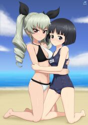 Rule 34 | 2girls, absurdres, acrux, anchovy (girls und panzer), beach, bikini, black hair, blue one-piece swimsuit, blunt bangs, blunt ends, blush, bob cut, breasts, brown eyes, cleavage, closed mouth, drill hair, girls und panzer, green hair, grey eyes, hair ribbon, highres, long hair, looking at viewer, multiple girls, navel, ocean, one-piece swimsuit, outdoors, ribbon, short hair, sky, small breasts, smile, sono midoriko, swimsuit, twin drills, twintails, yuri