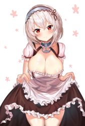 Rule 34 | 1girl, ame sagari, anchor, apron, azur lane, black dress, blush, breasts, choker, cleavage, closed mouth, clothes lift, collarbone, cowboy shot, dress, dress lift, floral background, frilled apron, frilled choker, frilled dress, frills, hair between eyes, head tilt, headdress, highres, large breasts, looking at viewer, maid apron, red eyes, short hair, short sleeves, silver hair, simple background, sirius (azur lane), smile, solo, standing, thighhighs, white apron, white background