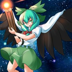 Rule 34 | 1girl, arm cannon, bird wings, black wings, blouse, bow, cape, cosplay, front ponytail, green bow, green eyes, green skirt, hair bow, highres, kagiyama hina, looking at viewer, mizusoba, open mouth, red bow, reiuji utsuho, reiuji utsuho (cosplay), shirt, skirt, sky, solo, star (sky), starry sky, touhou, weapon, white cape, white shirt, wings