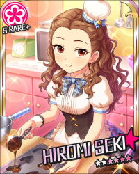 Rule 34 | 10s, 1girl, apron, artist request, baking, blush, bow, brown hair, card (medium), character name, chocolate, curly hair, dress, flower (symbol), hat, heart, idolmaster, idolmaster cinderella girls, long hair, looking at viewer, microwave, mini hat, official art, patissier, red eyes, seki hiromi, smile, solo, valentine